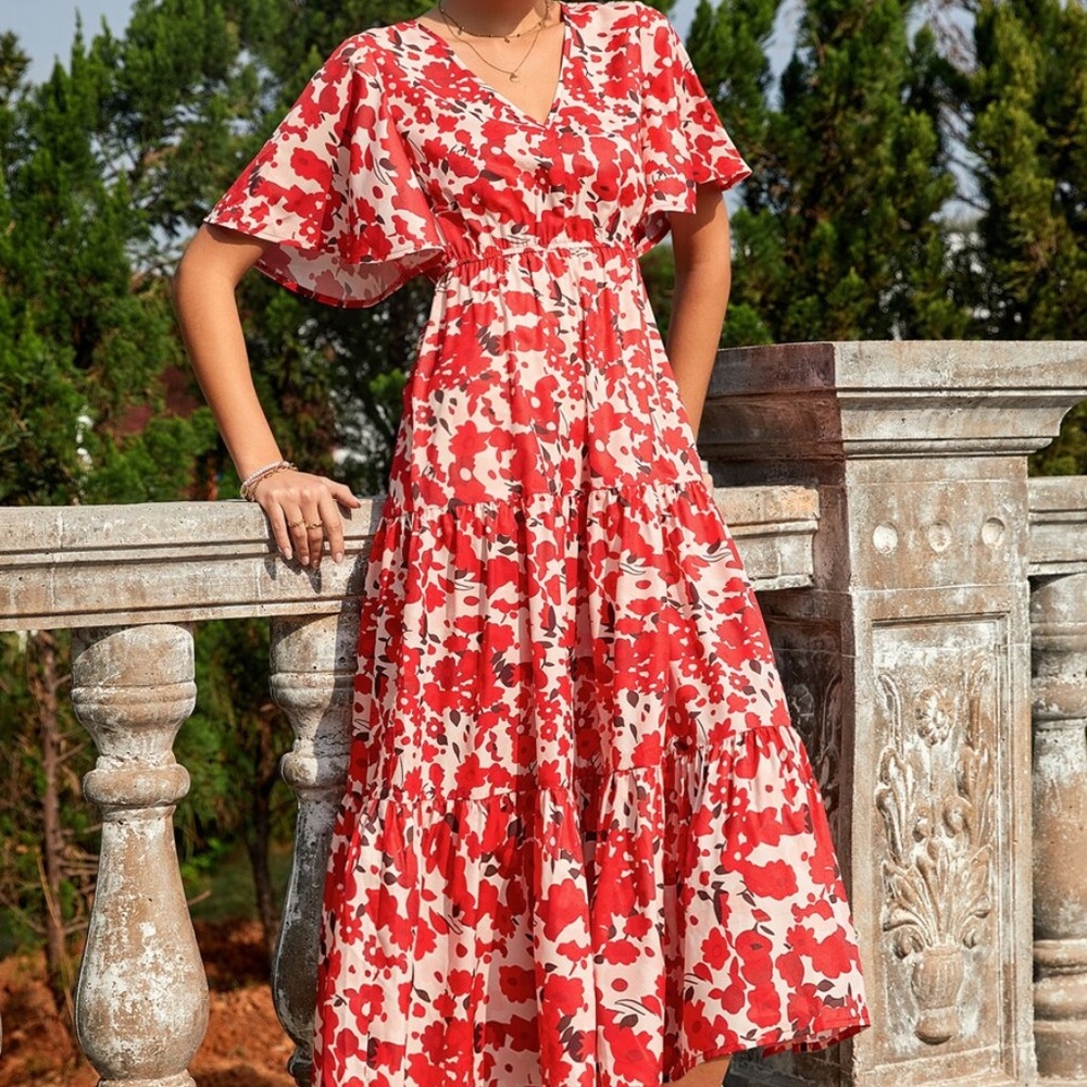 Bohemian Red Floral Print Butterfly Sleeve Maxi Dress - Picture 4 of 6